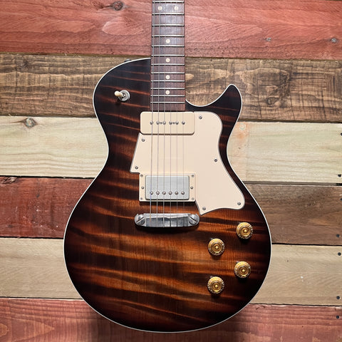 Patrick Eggle Macon Special one-piece American Redwood figured top in Nitro Tobacco sunburst.