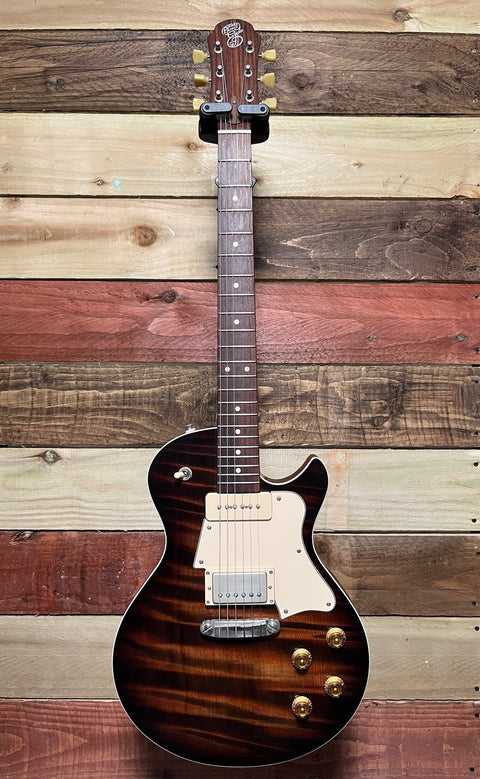 Patrick Eggle Macon Special one-piece American Redwood figured top in Nitro Tobacco sunburst.