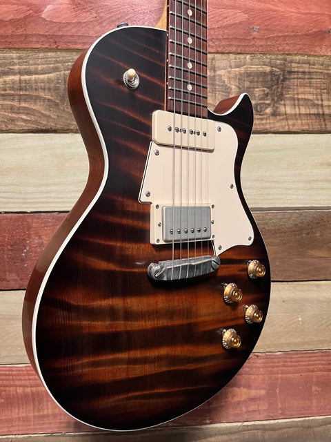 Patrick Eggle Macon Special one-piece American Redwood figured top in Nitro Tobacco sunburst.