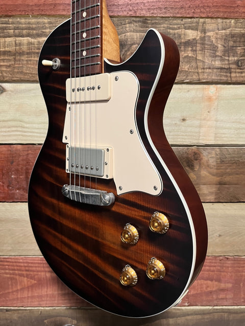 Patrick Eggle Macon Special one-piece American Redwood figured top in Nitro Tobacco sunburst.