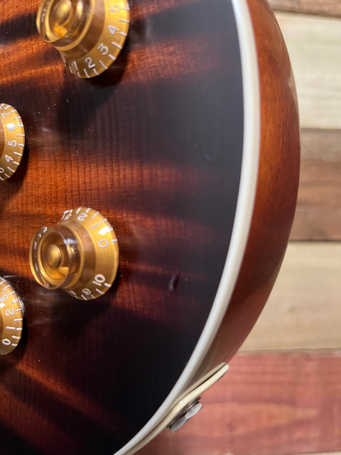 Patrick Eggle Macon Special one-piece American Redwood figured top in Nitro Tobacco sunburst.