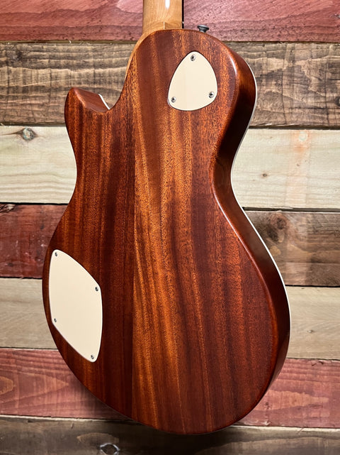 Patrick Eggle Macon Special one-piece American Redwood figured top in Nitro Tobacco sunburst.