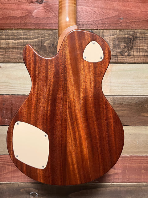 Patrick Eggle Macon Special one-piece American Redwood figured top in Nitro Tobacco sunburst.