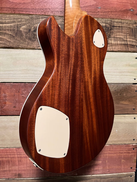 Patrick Eggle Macon Special one-piece American Redwood figured top in Nitro Tobacco sunburst.