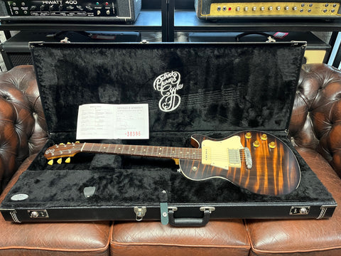 Patrick Eggle Macon Special one-piece American Redwood figured top in Nitro Tobacco sunburst.
