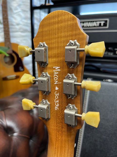 Patrick Eggle Macon Special one-piece American Redwood figured top in Nitro Tobacco sunburst.