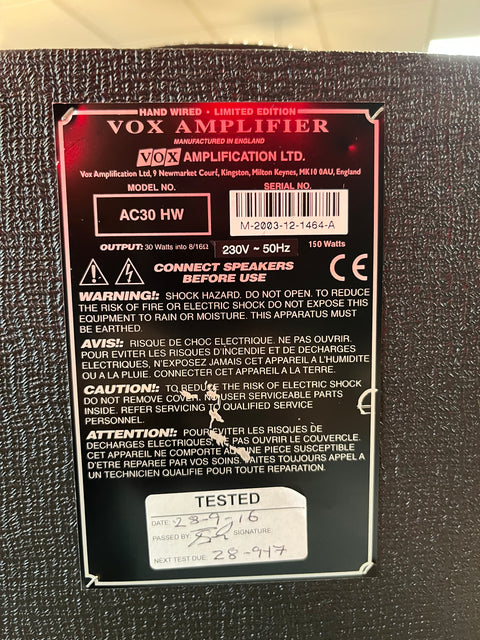 Vox AC-30 HW "Hand Wired" Limited Edition UK Made 2004 - Black Tolex